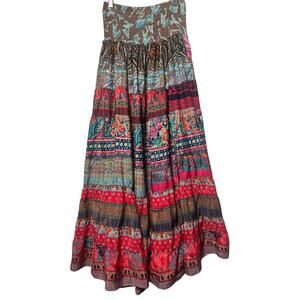 Recycled Silk Blend Floral Patchwork Tiered Ruffle Skirt Free Sz Gypsy Boho